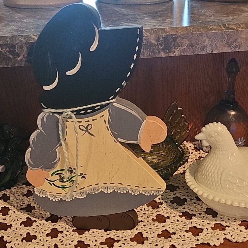 Wooden Sunbonnet Sue Figurine with Cream Hen Covered Dish